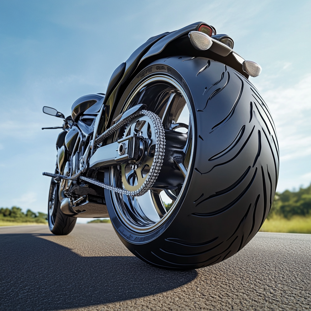 Efficient motorcycle with low resistance tires on eco-friendly road.