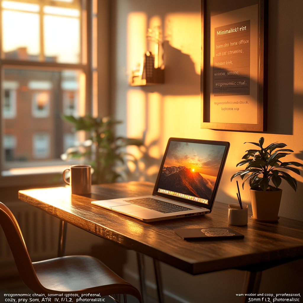 Efficient workspace with Sony camera and cozy ambiance.