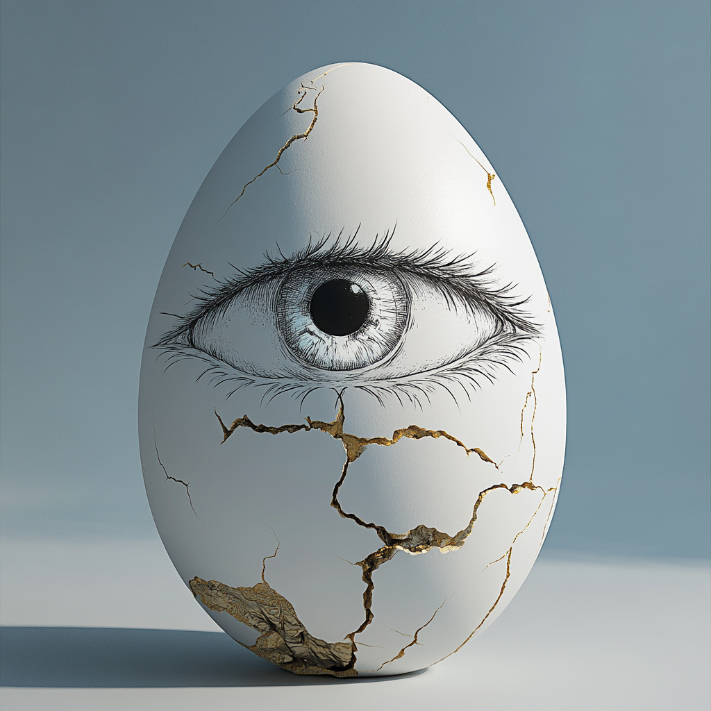 Egg with eye sketch, heavenly vibes, cracked egg.