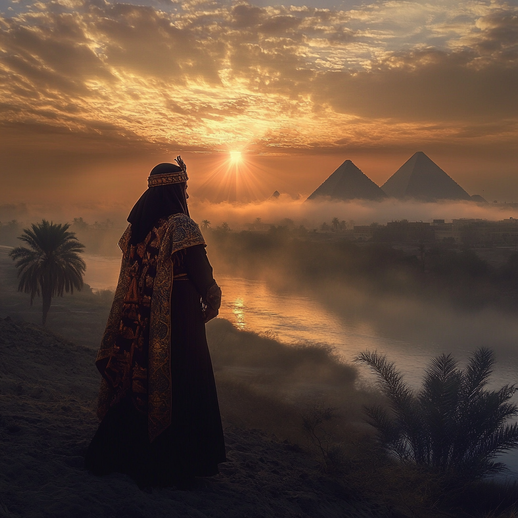 Egyptian Pharaoh Khufu at mystical Nile dawn