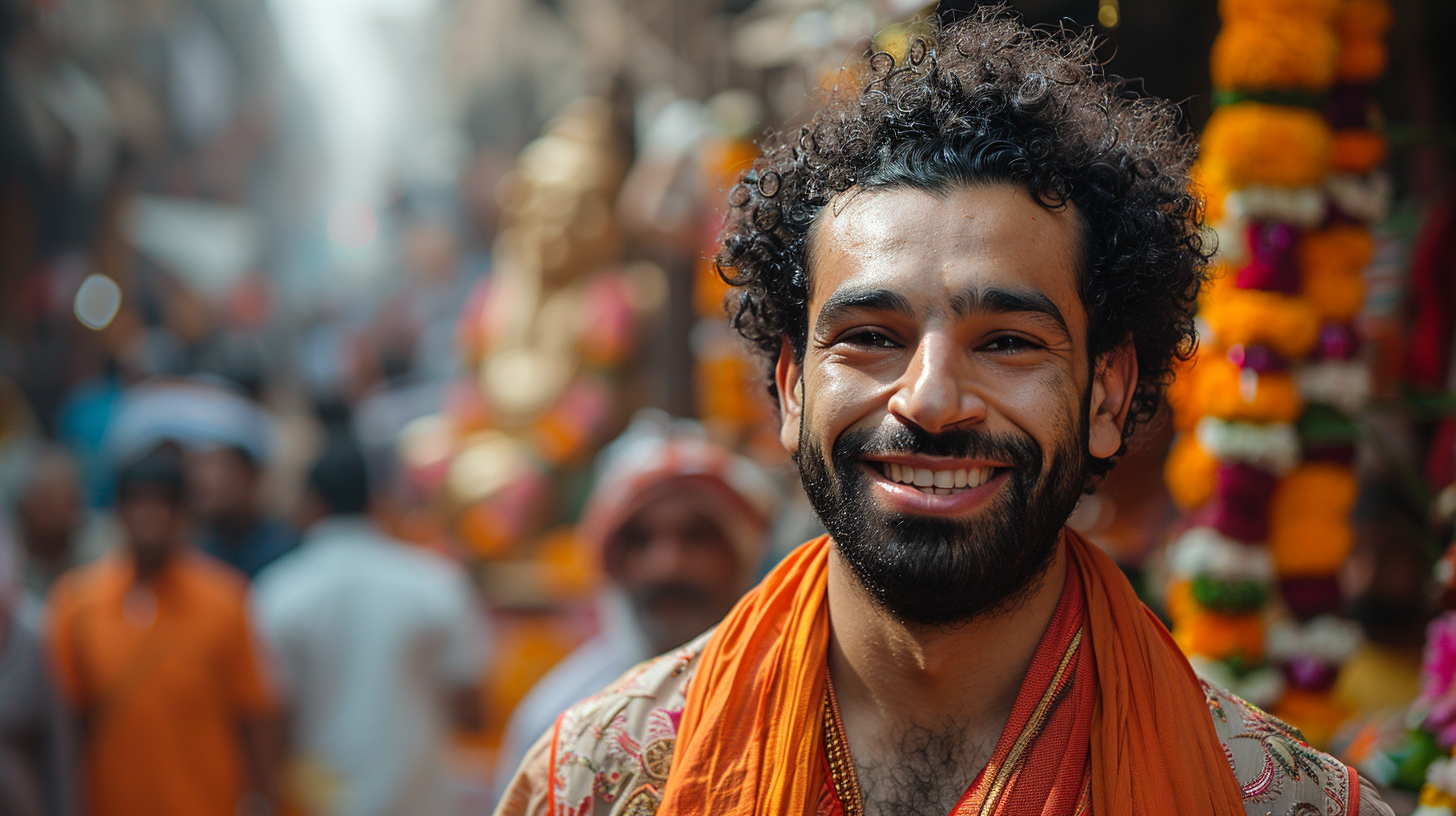 Egyptian footballer Mohamed Salah in vibrant India festival scene.