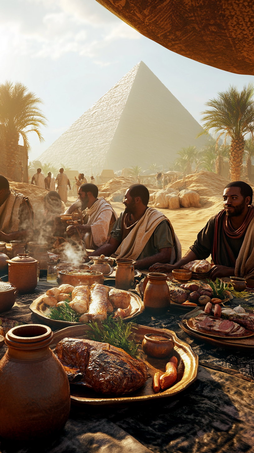 Egyptian workers enjoy meal near grand pyramid