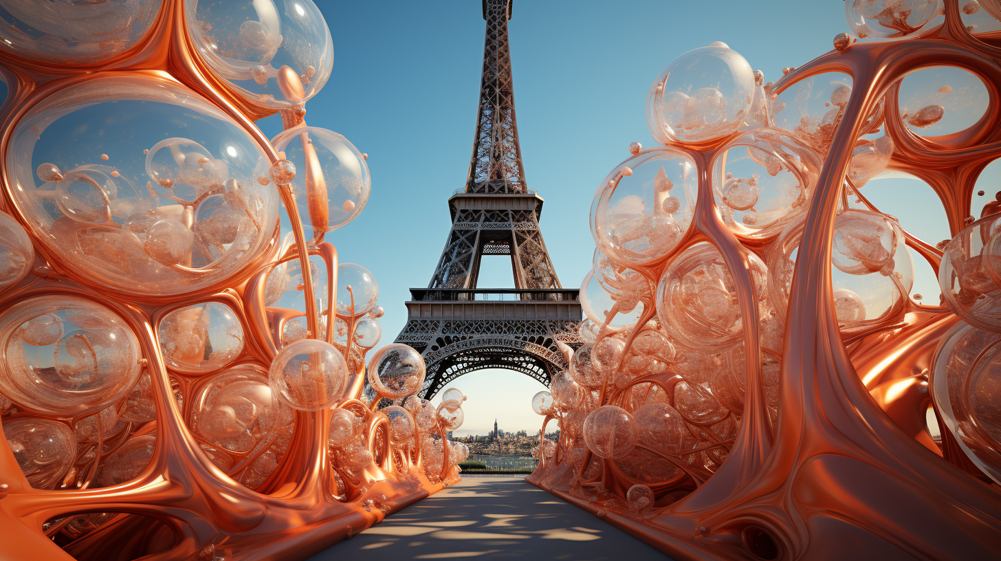 Eiffel Tower with white balloons in artistic design style.