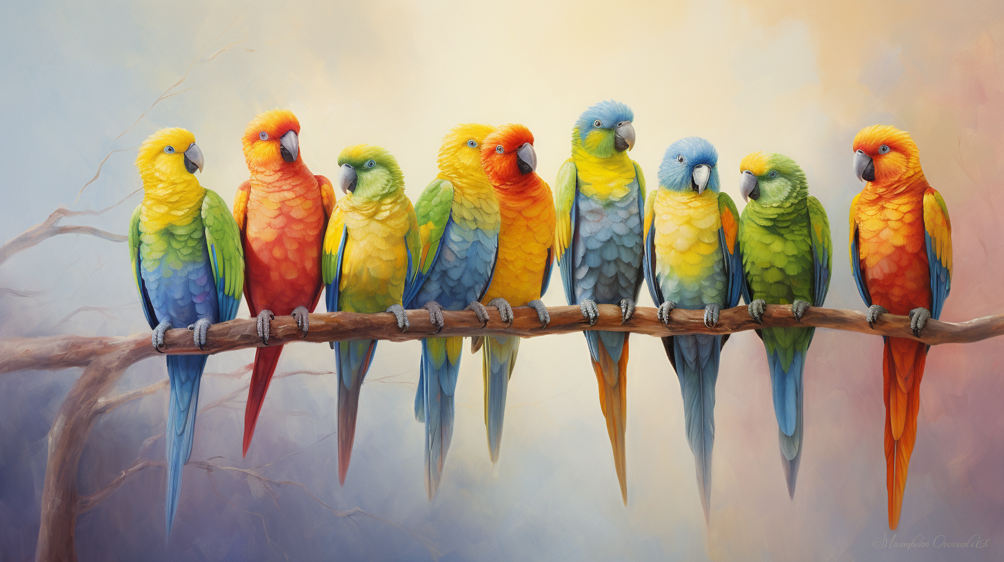 Eight colourful parrots on branch in oil painting art.