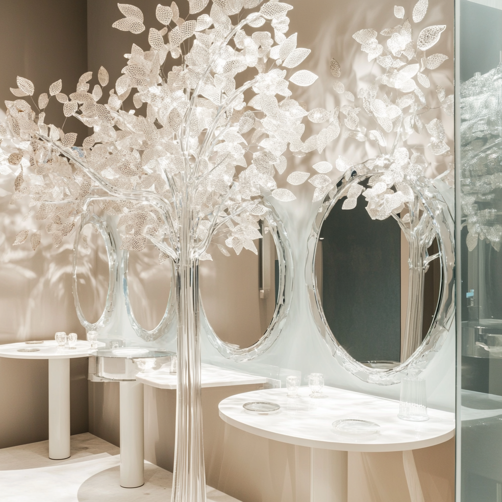 Eight elegant mirror tables complement stunning white tree sculpture.