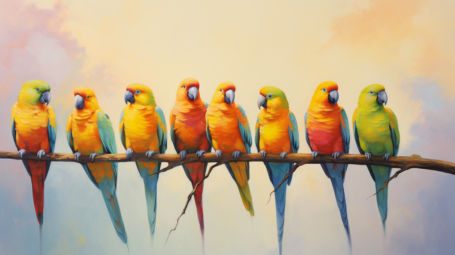 Eight vibrant parrots on a straight branch painting.