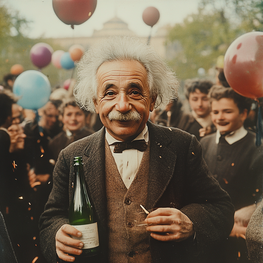 Einstein celebrating with college students at party