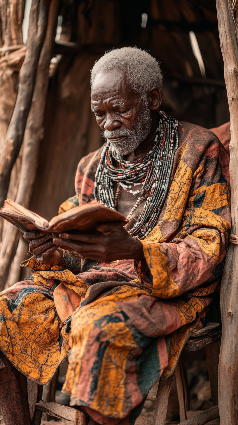 Ejike, sitting on chair outside village hut.