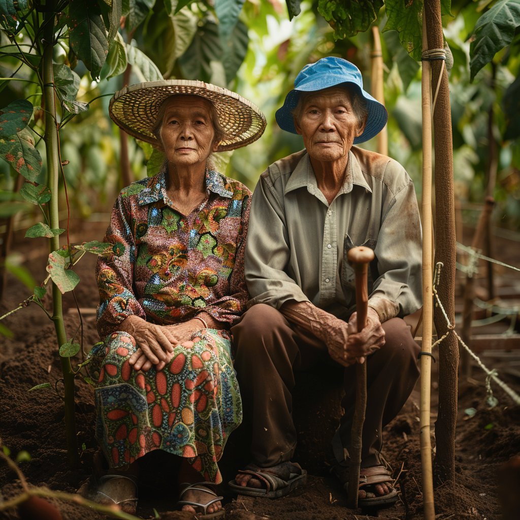 Elderly Cambodian farmers in lush Kampot pepper plantation