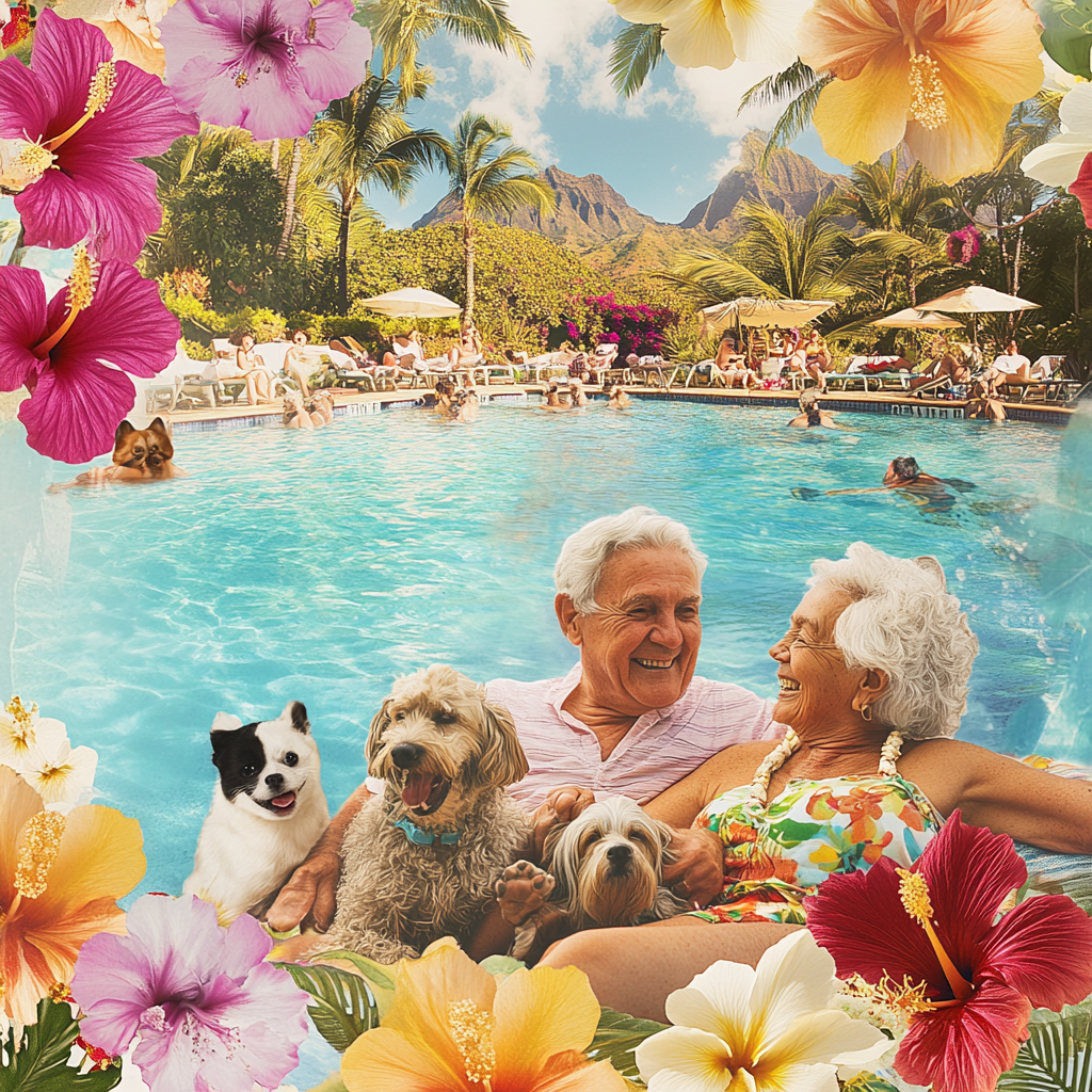 Elderly Couple and Pets Enjoy Hawaii Vacation Joyfully