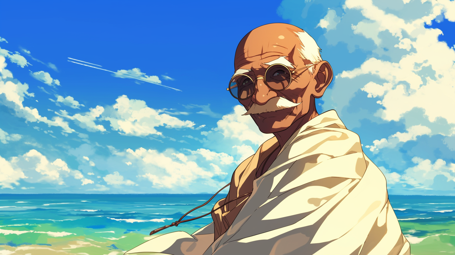 Elderly Gandhi at Beach in India, anime style