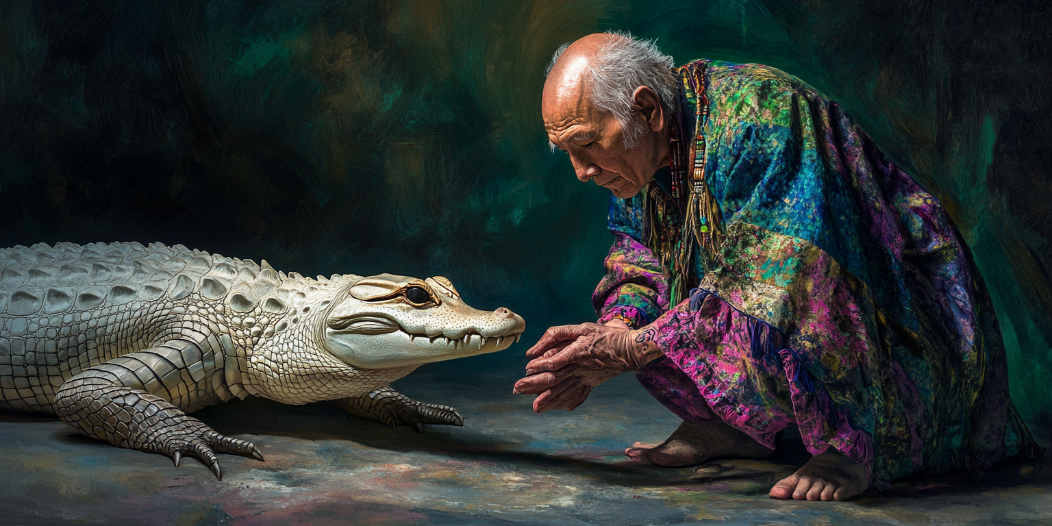 Elderly Inuit man in colorful robes crouching with alligator.