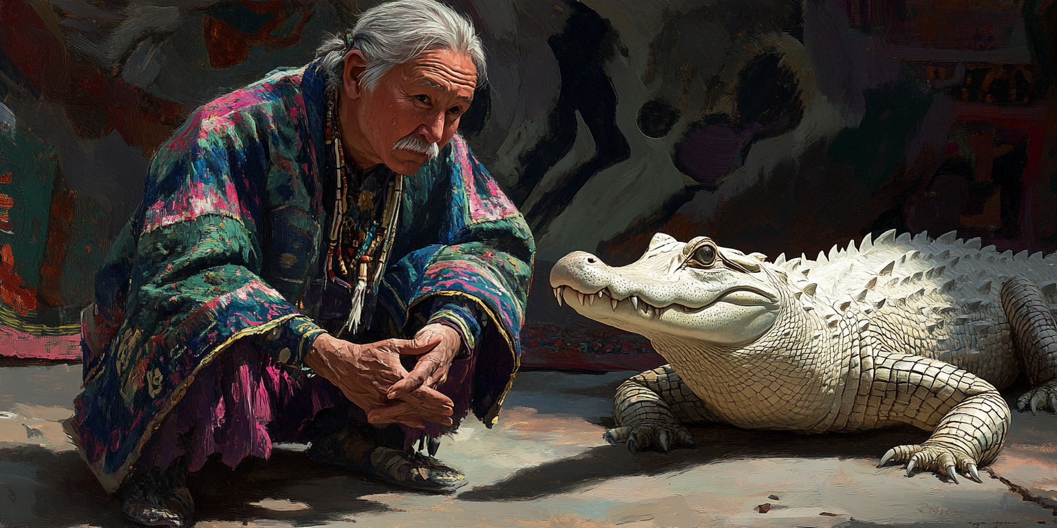 Elderly Inuit man in colorful robes with albino alligator.