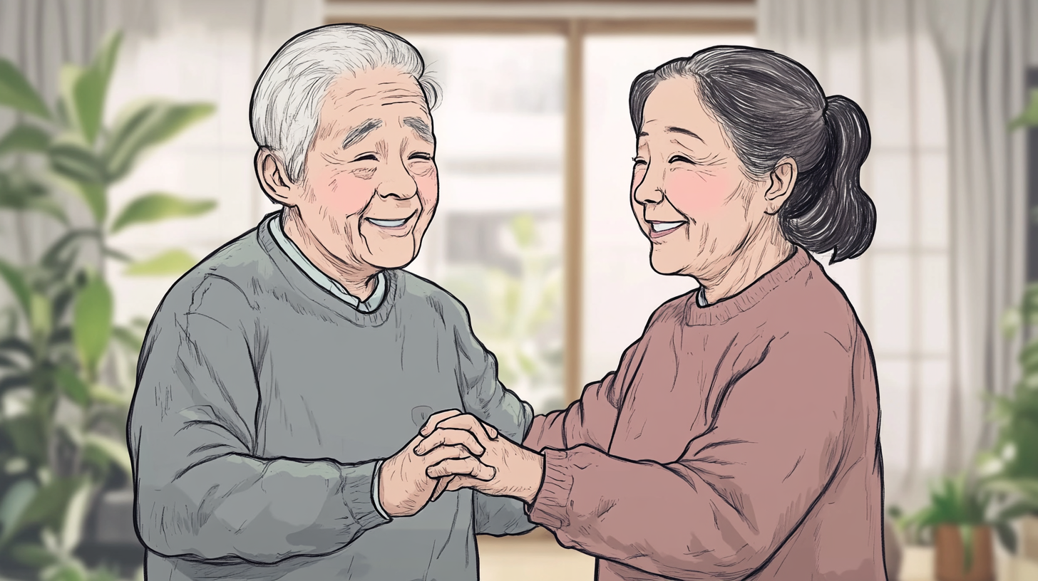 Elderly Japanese Couple Dancing with Arm Sensor