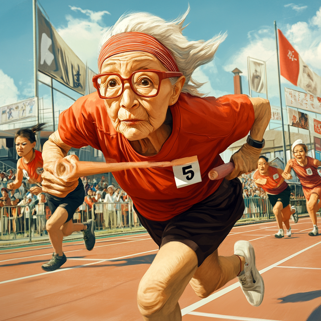 Elderly Japanese Grandma in Relay Race Event