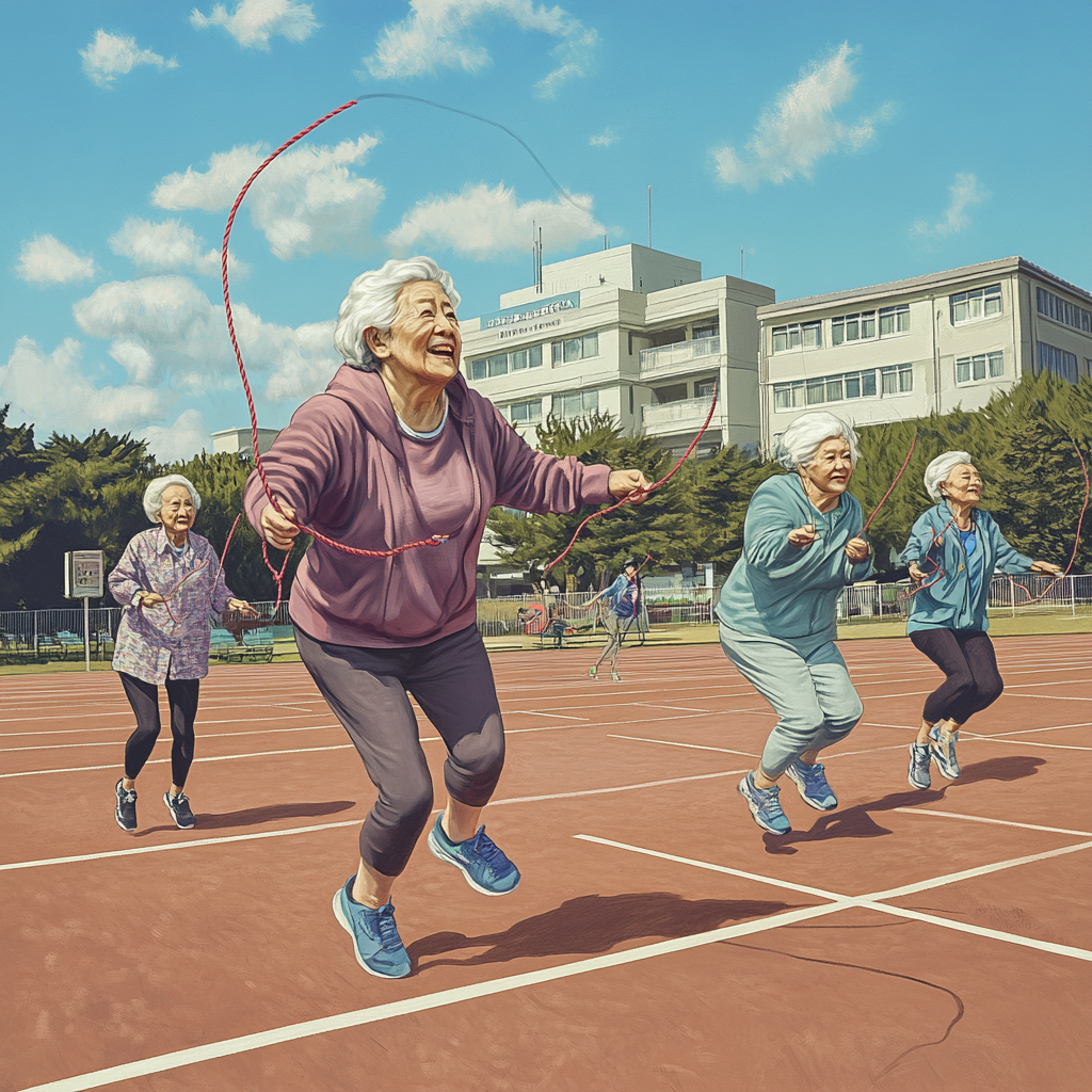 Elderly Japanese Women Jumping Rope Outdoors Smiling