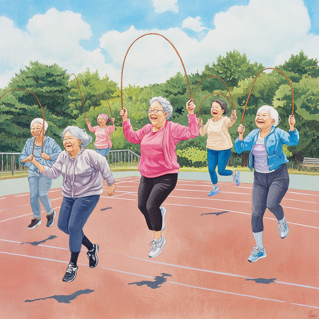 Elderly Japanese women happily jump rope outdoors 