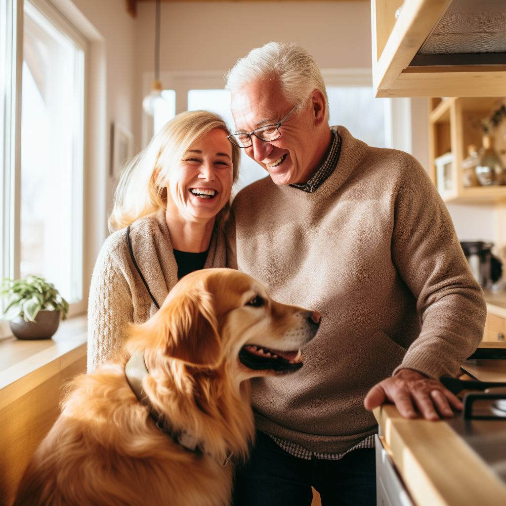 Elderly Man, Woman, and Golden Retriever Happy Together 