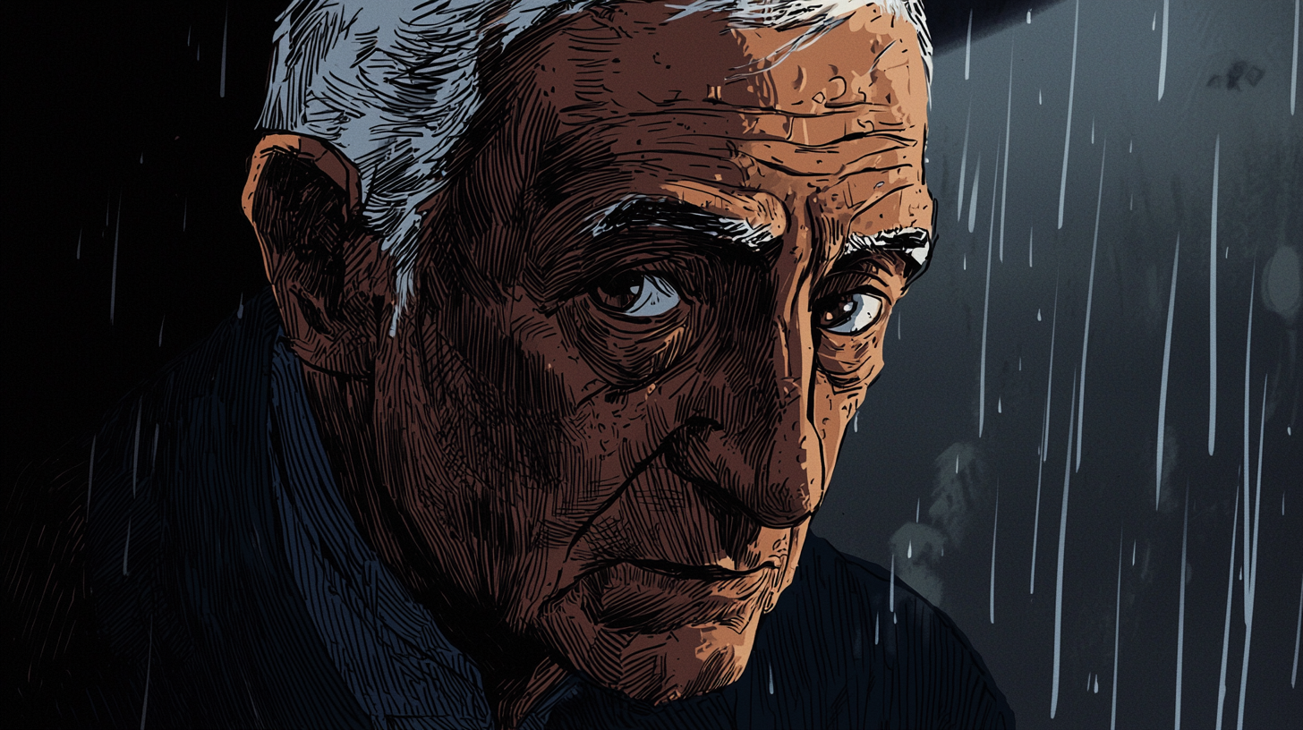 Elderly Raif portrait in comic art style, 1940s Turkey.