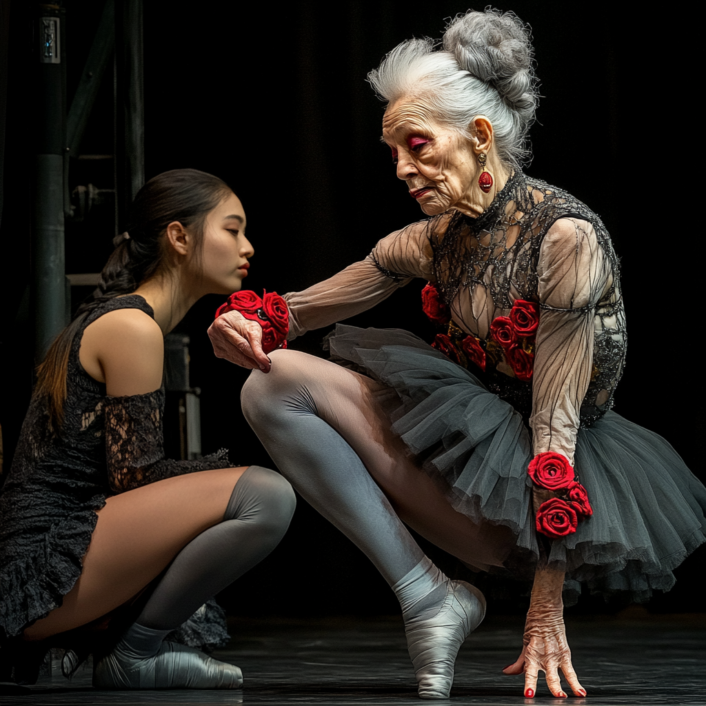 Elderly ballerina in black outfit doing stretches at barre.