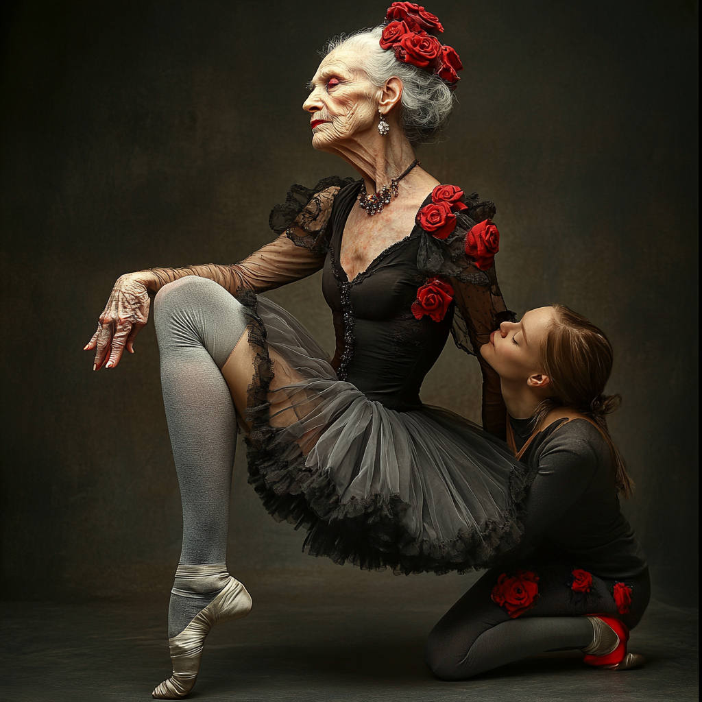 Elderly ballerina in black outfit stretches at ballet barre.