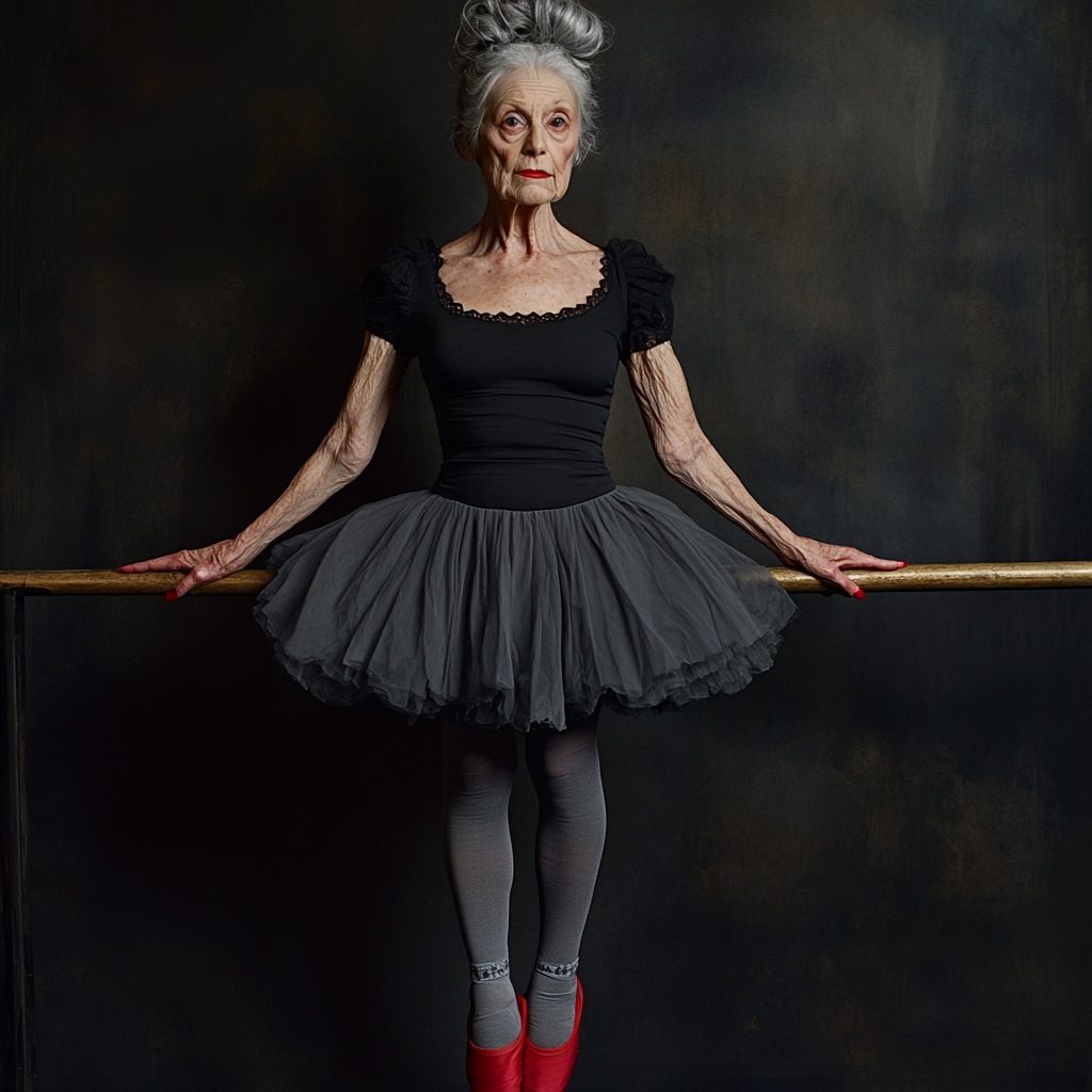 Elderly ballerina in black skirt, gray tights, red shoes.