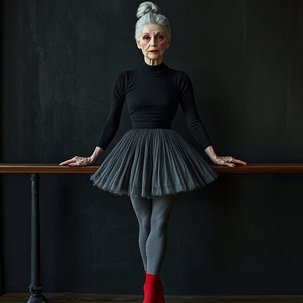 Elderly ballerina in black skirt and red ballet shoes