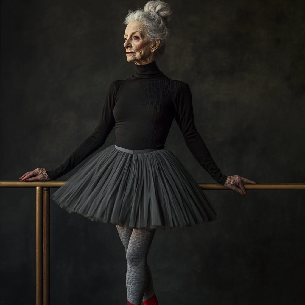 Elderly ballerina in black skirt and red shoes, gray hair.