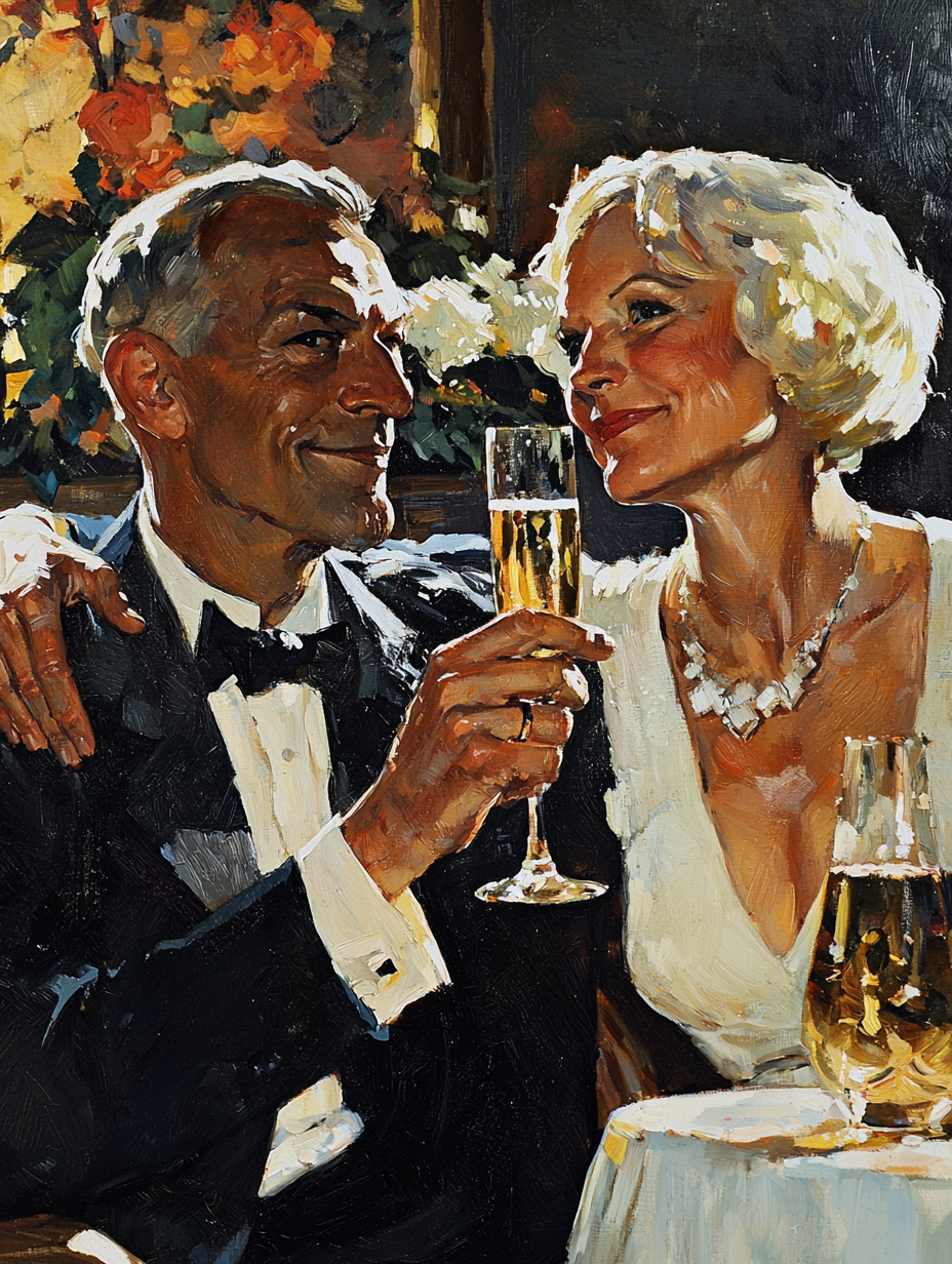 Elderly couple enjoying champagne on vintage book cover.