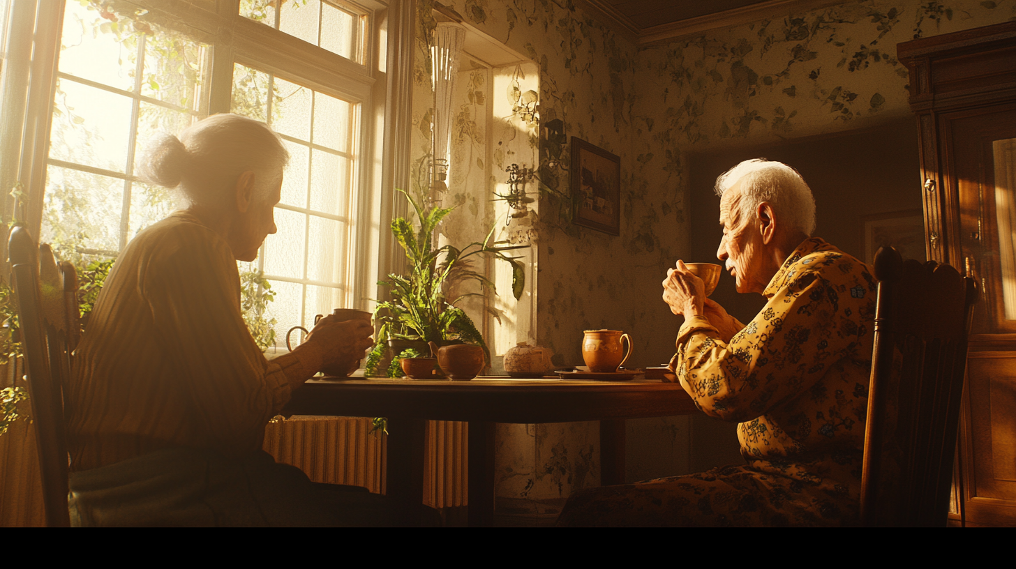 Elderly couple sipping tea in 1970s nostalgic home