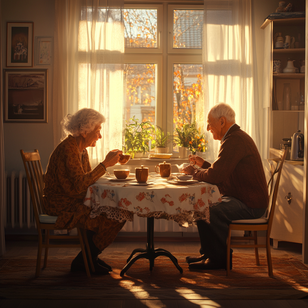 Elderly couple sipping tea in nostalgic 1970s home