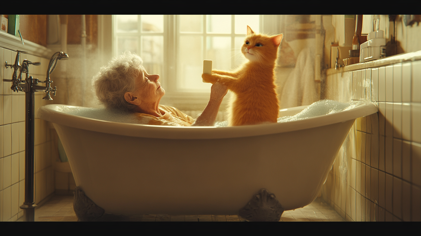 Elderly grandmother relaxing in bathtub, cat soaping her back.