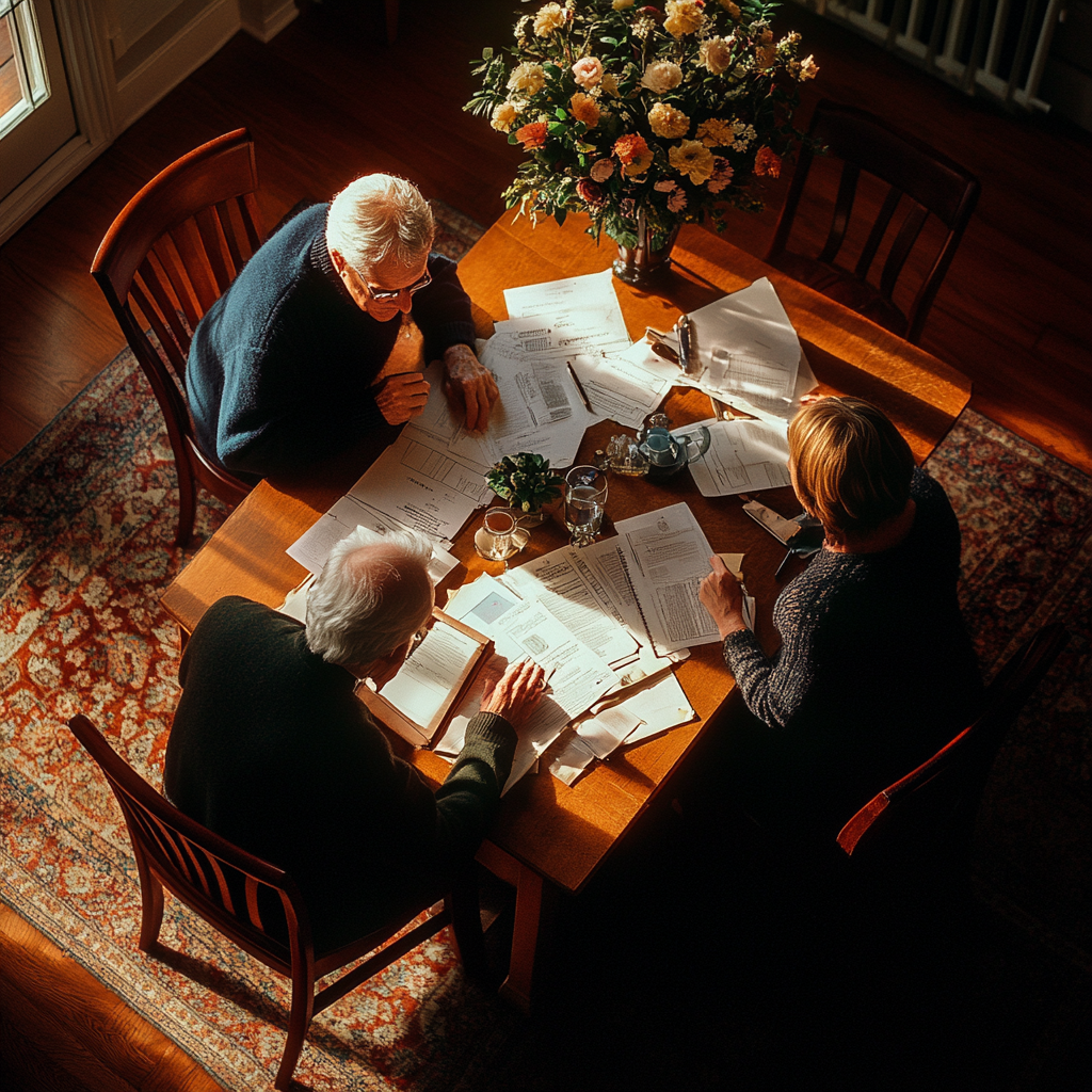 Elderly man and couple discussing bills at home