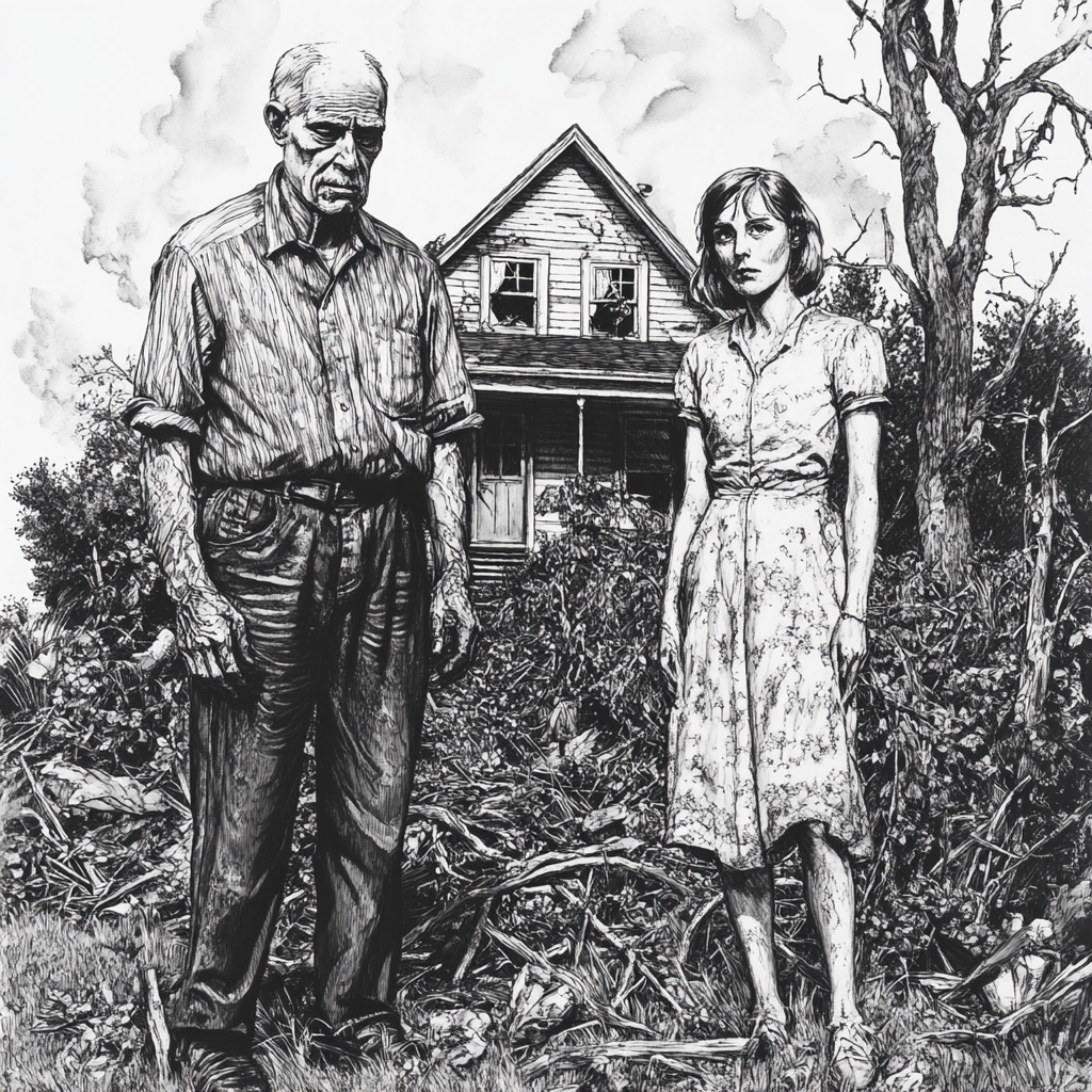 Elderly man and young wife in messy garden sketch.