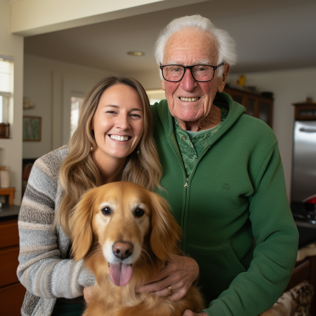 Elderly man and young woman with dog in kitchen