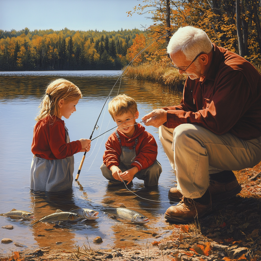 Elderly man helping children fish by a lake.