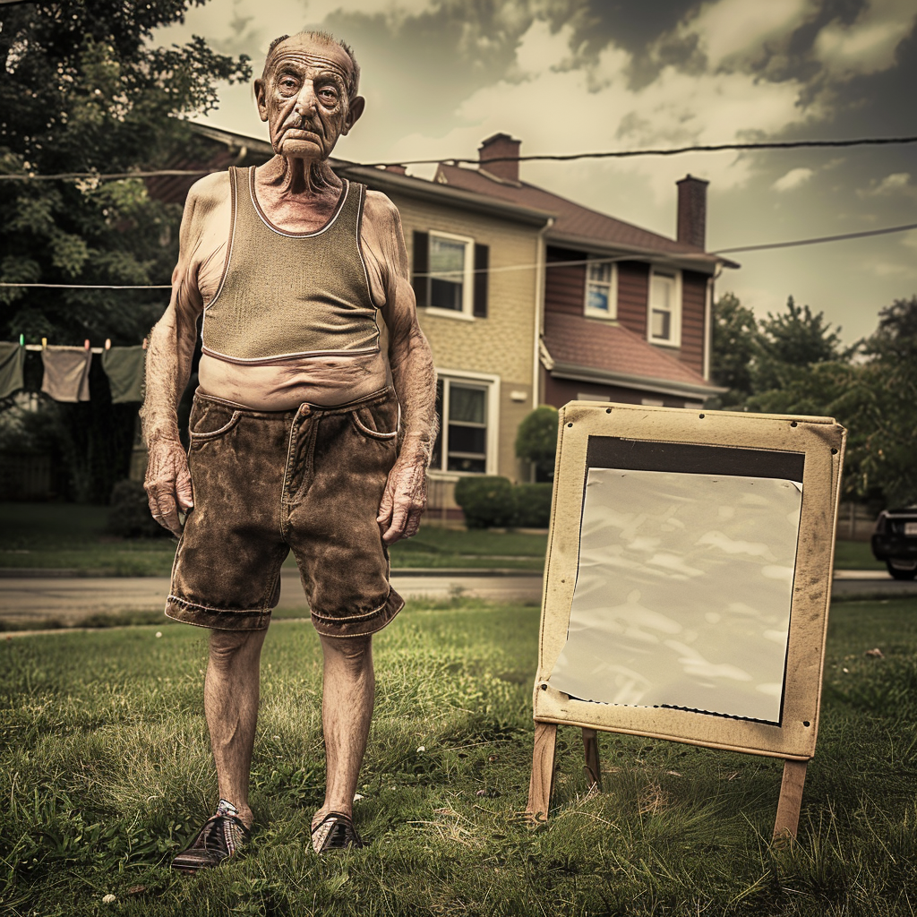 Elderly man in suede lederhosen on grass lawn.