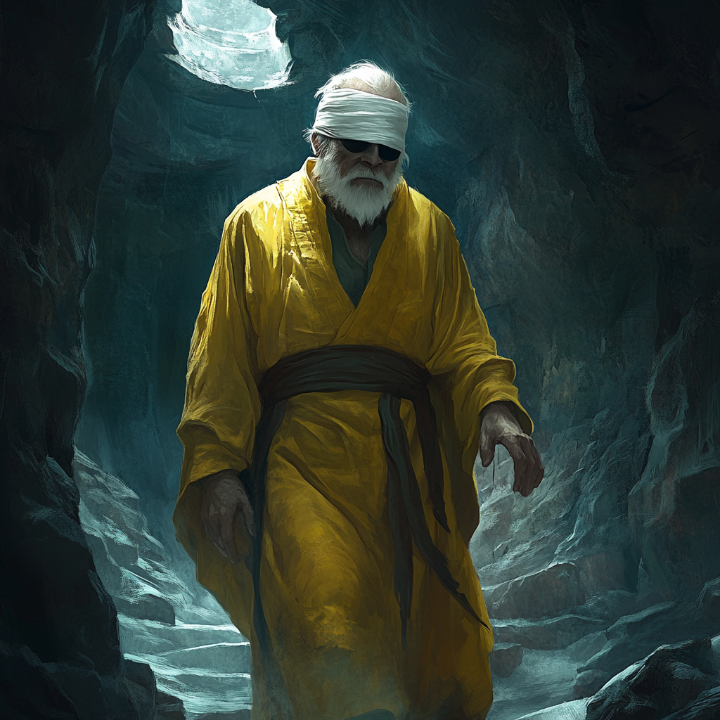 Elderly man in yellow robe walking through dark cavern.