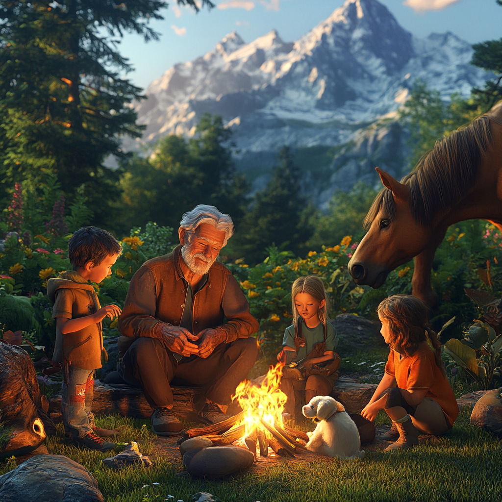 Elderly man with children and animals by campfire.