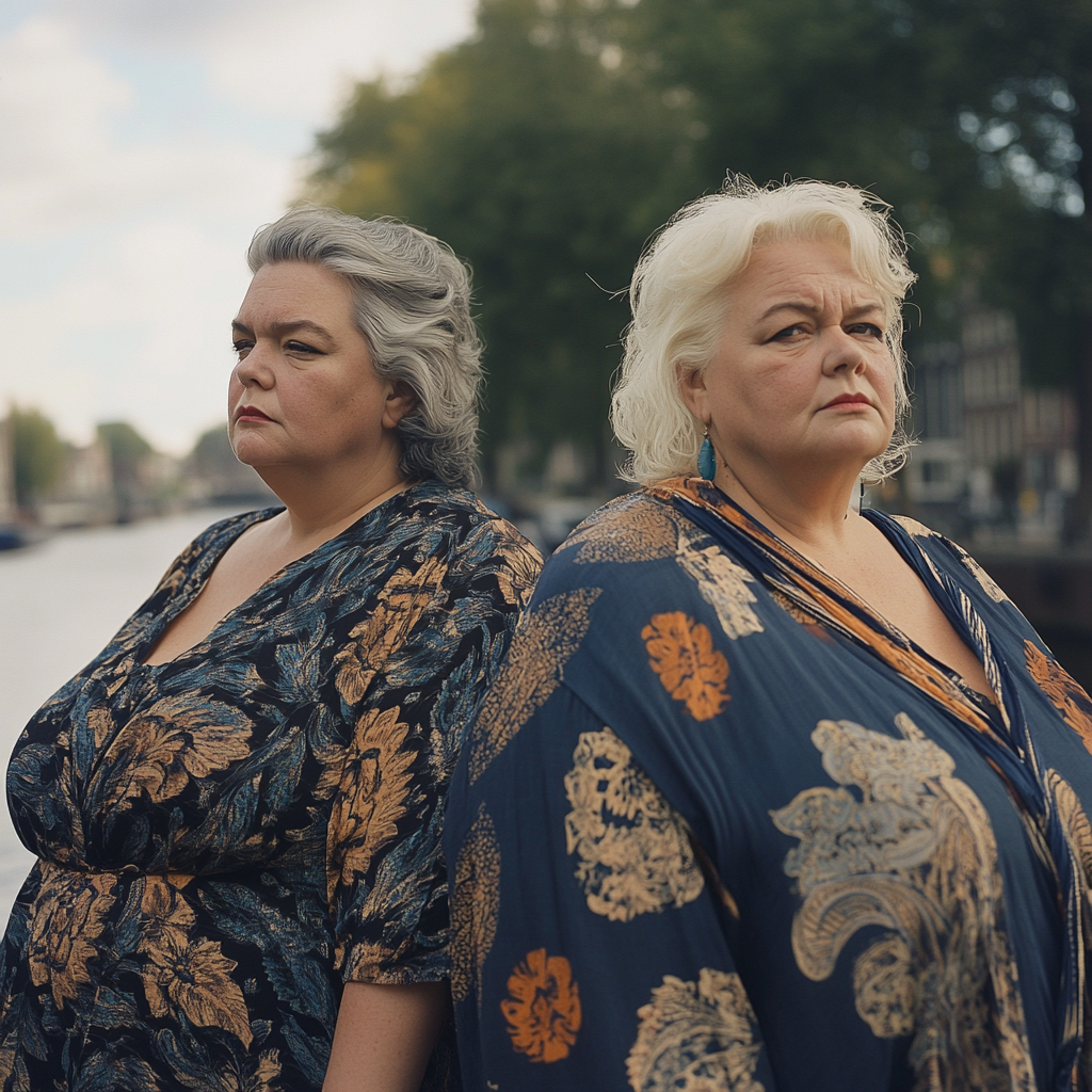 Elderly plus-size women in loose black and indigo tunics.