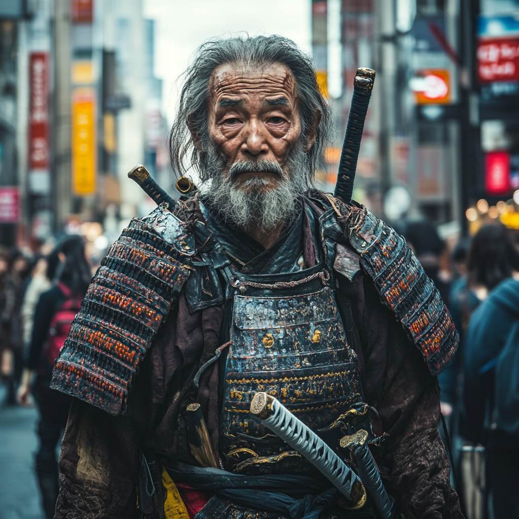 Elderly samurai in old armor, lost in modern city.