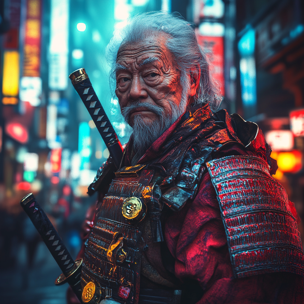 Elderly samurai in traditional armor confused in modern city.