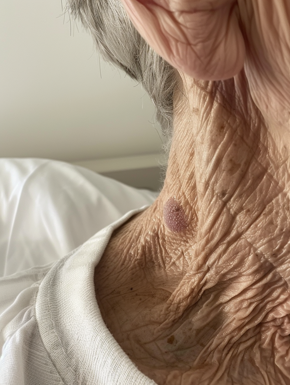 Elderly woman's neck with small skin lesions, wrinkles, iPhone X photo on Reddit 2019