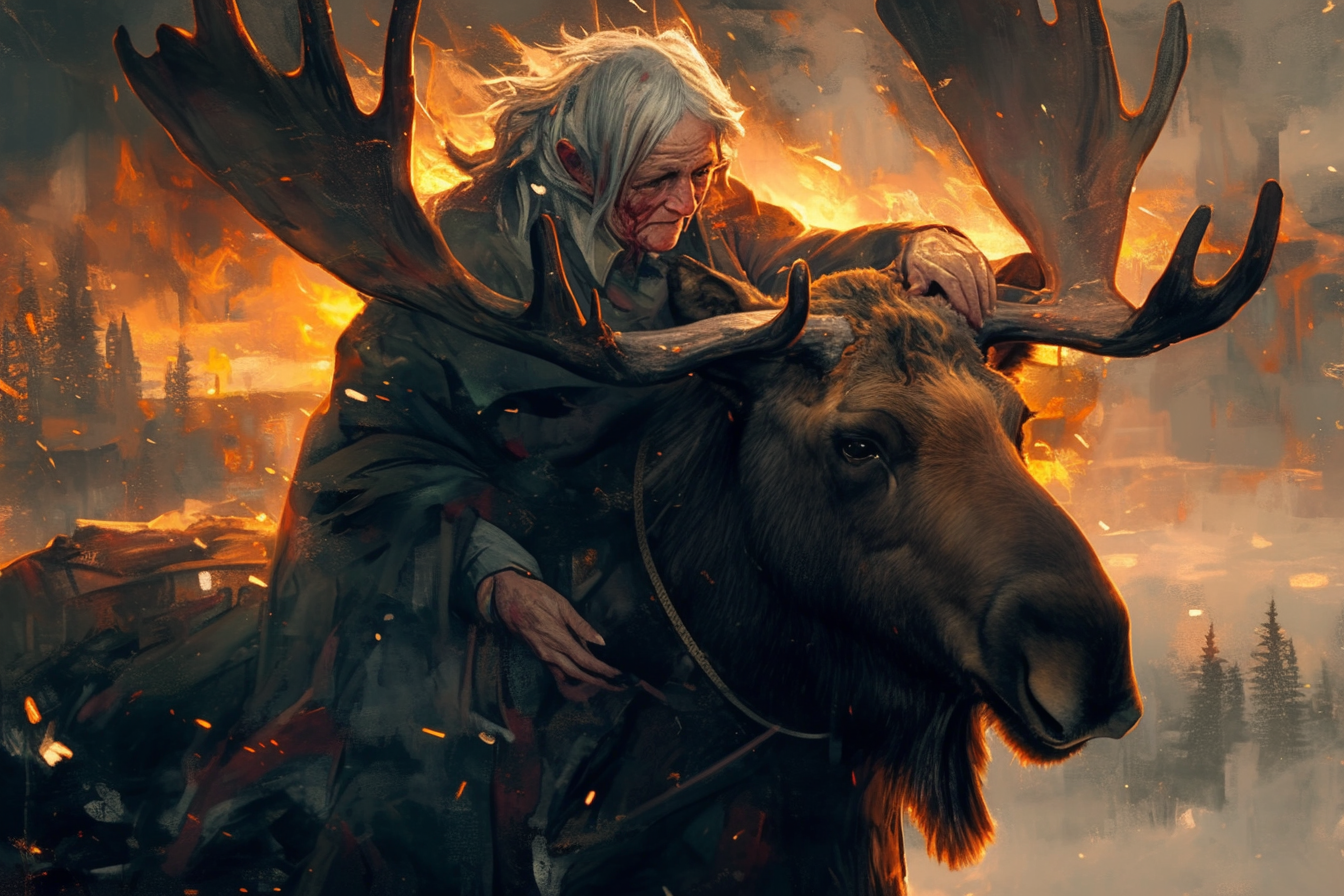 Elderly woman on moose in burning town, horror art.