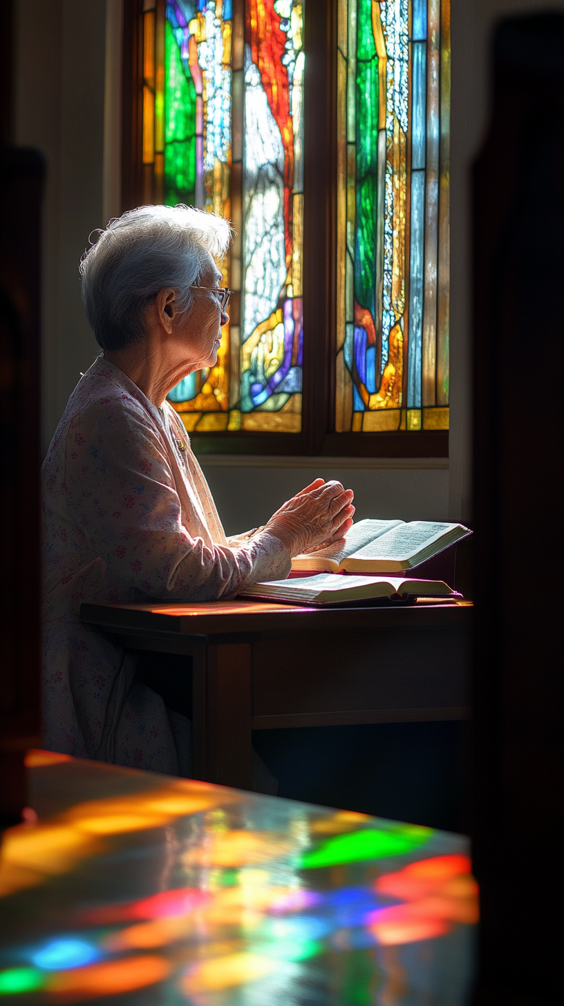 Elderly woman prays at bright church altar.