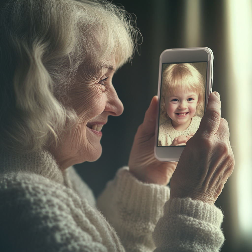 Elderly woman smiling as she sees younger self on phone.