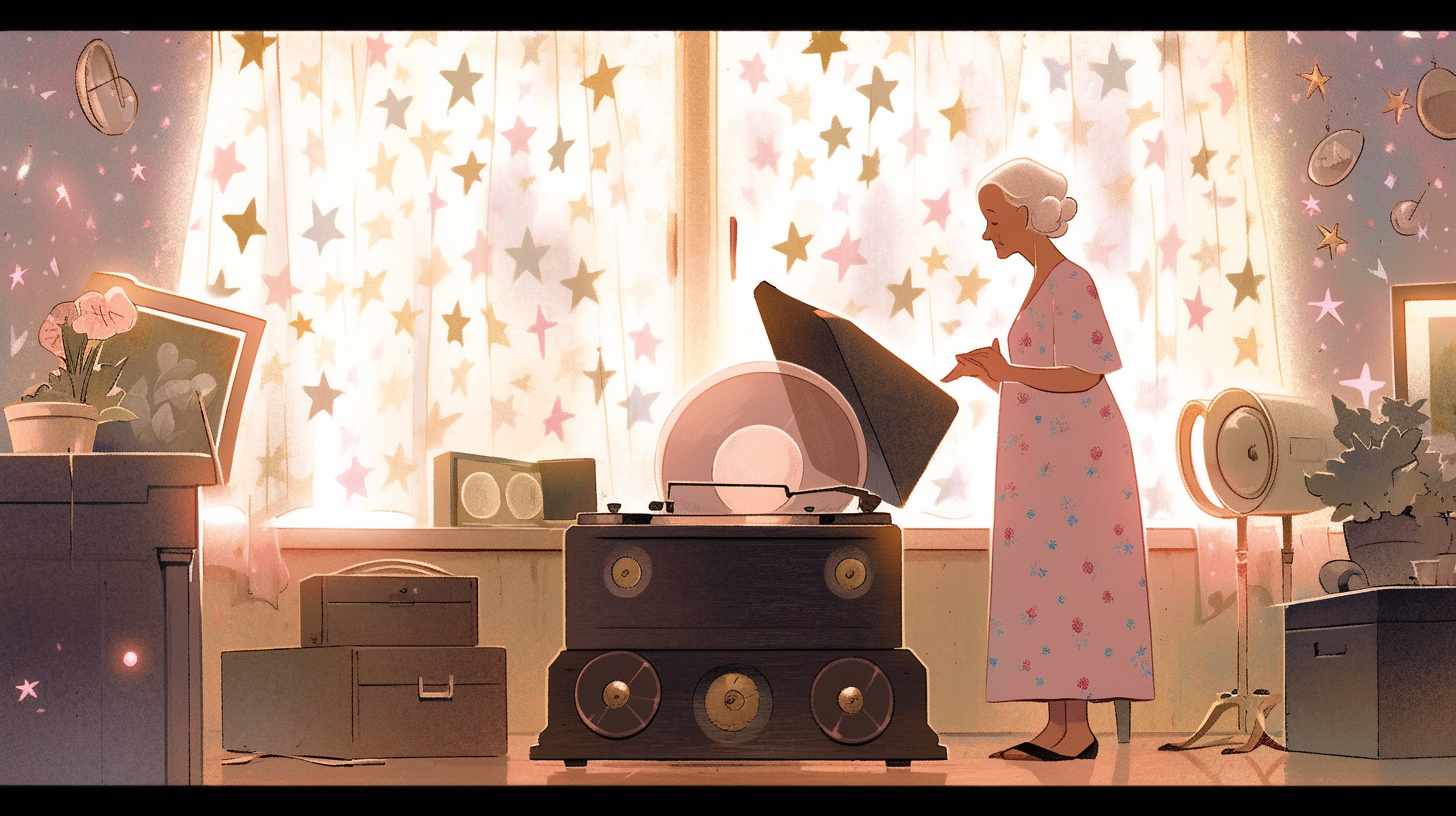 Elderly woman surrounded by glowing musical notes and memories.