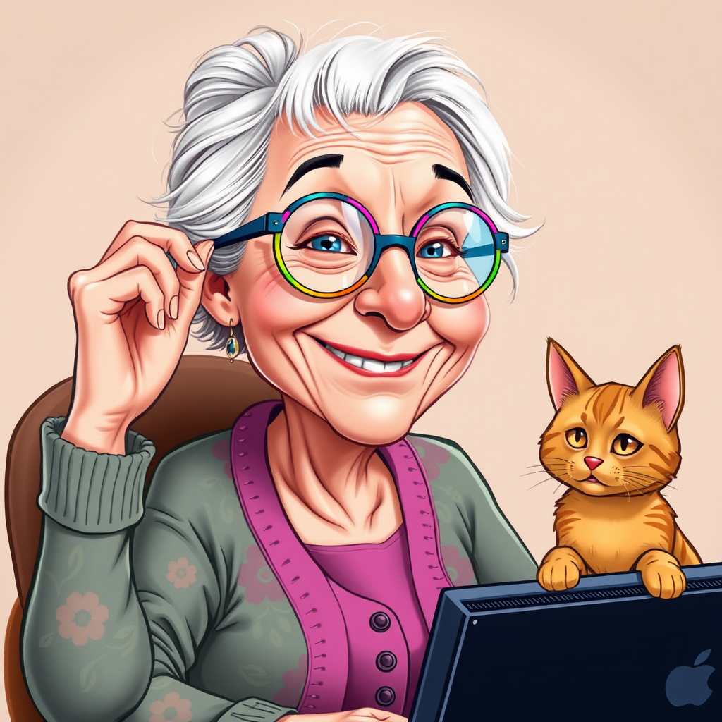 Elderly woman with kitty working on neural project.