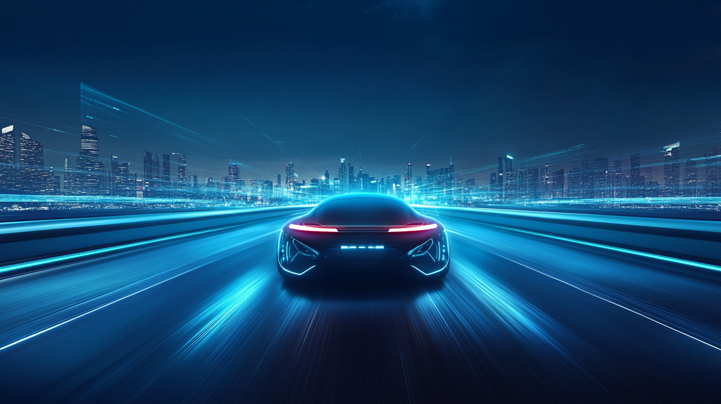 Electric Cars speeding with neon lights, futuristic city background.