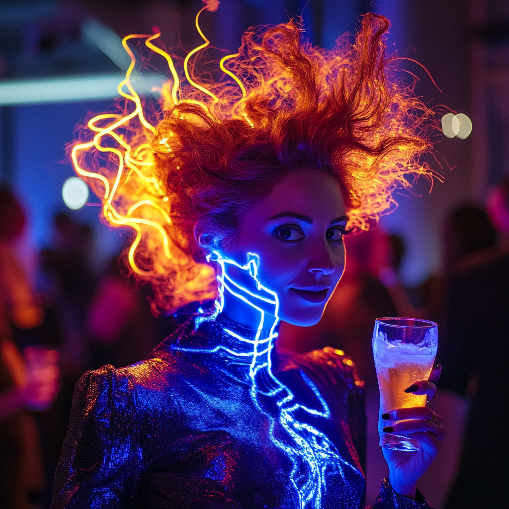 Electric Hair Woman at Halloween Party with Punch